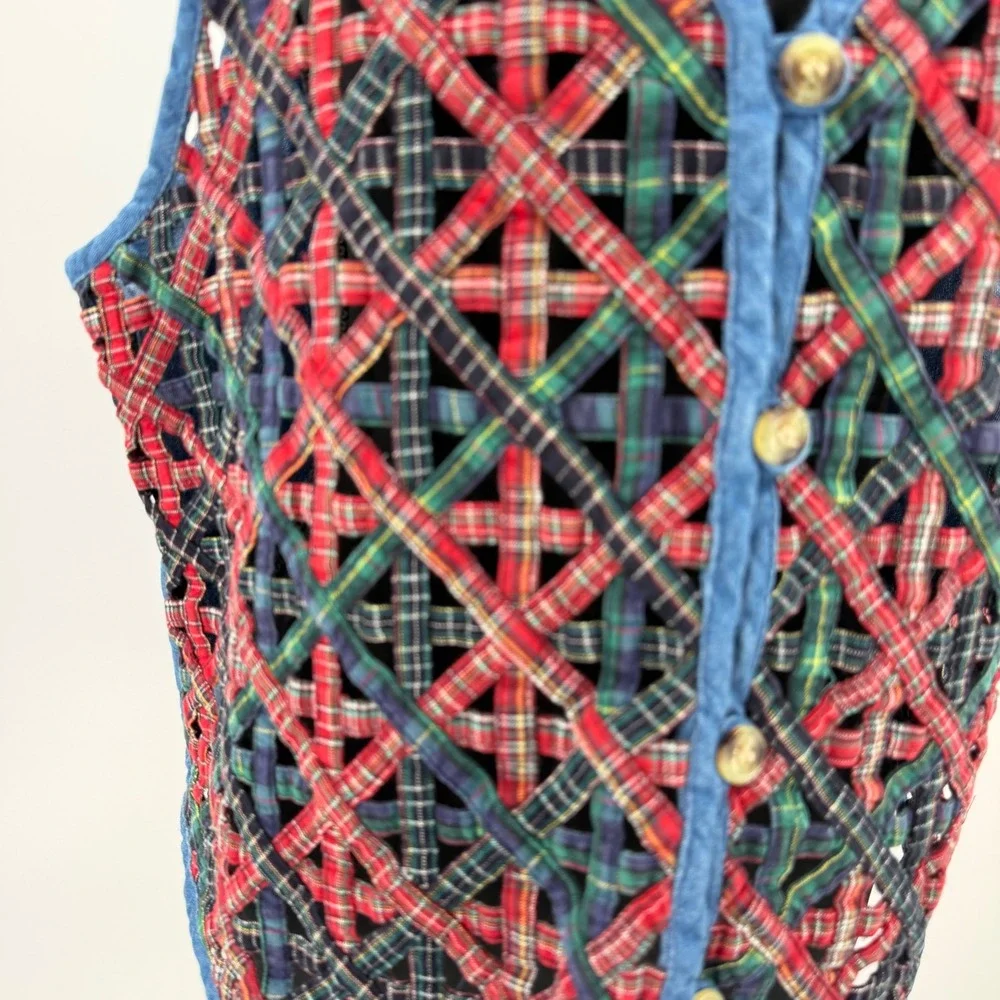 vintage Casey & Max Plaid Ribbon Lattice Denim Vest Large Cottagecore Western